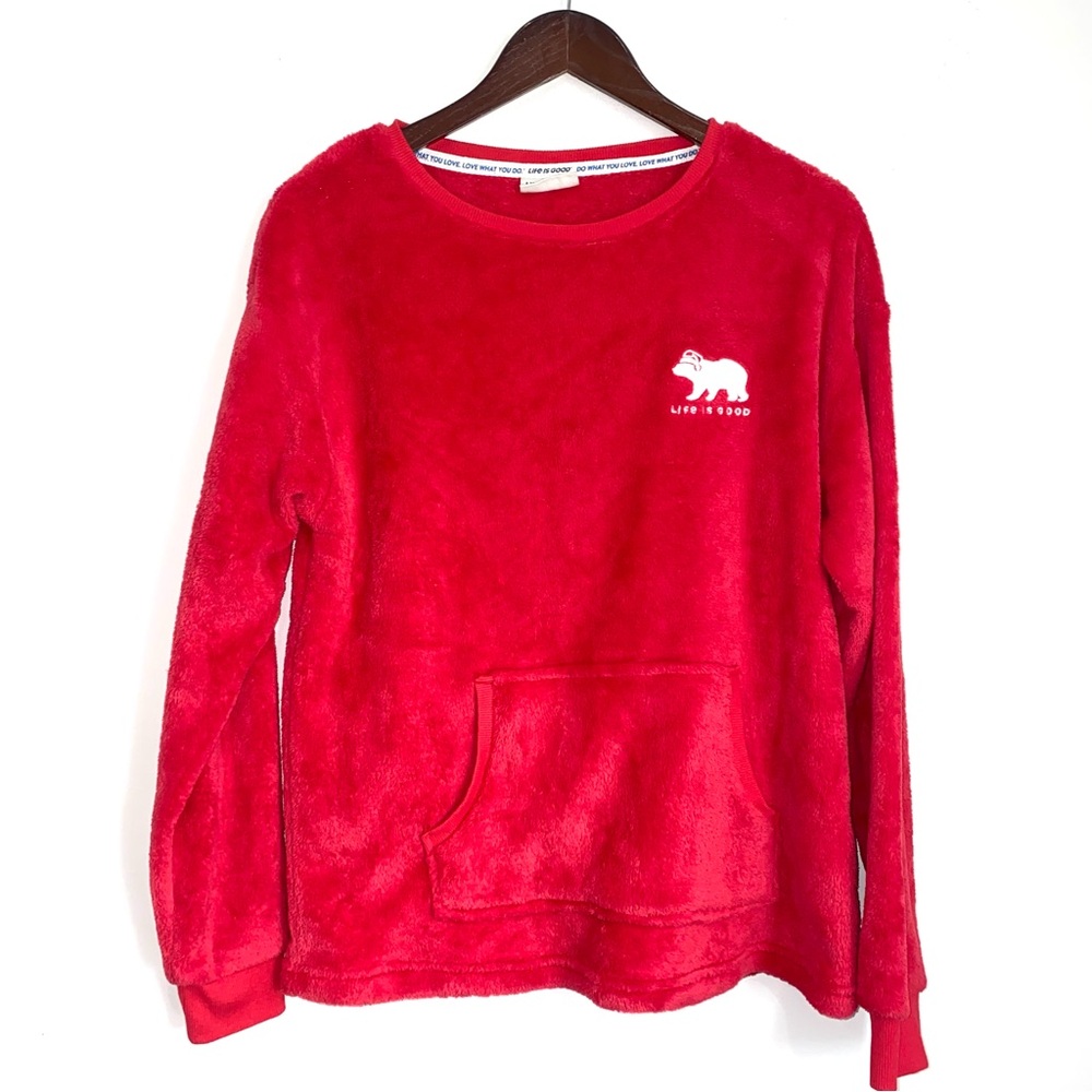 LIFE IS GOOD Womens Medium Red Fuzzy Polar Bear Long Sleeve Sleep Sweatshirt B8